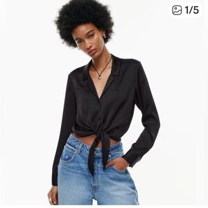 Aritzia Black Tie-Front Button-Down Shirt